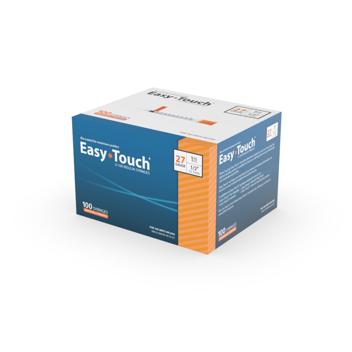 EasyTouch 27G 1cc 1/2" (12.7mm) Individually Wrapped Syringe (100 Pack)