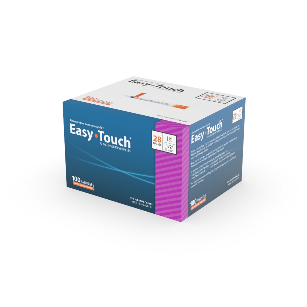 EasyTouch 28G 1cc 1/2" (12.7mm) Individually Wrapped Syringe (100 Pack)