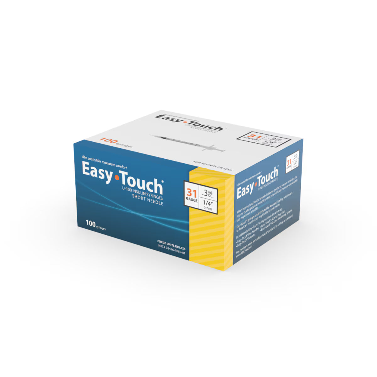 Easy Touch Insulin Syringe, 31G .3cc 1/4-Inch (6mm), 831314, Box of 100