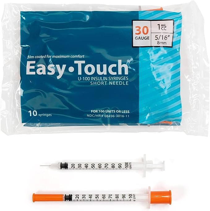 Easy Touch Insulin Syringe, 30G 1cc 5/16-Inch (8mm), 830165-10, Bag of 10