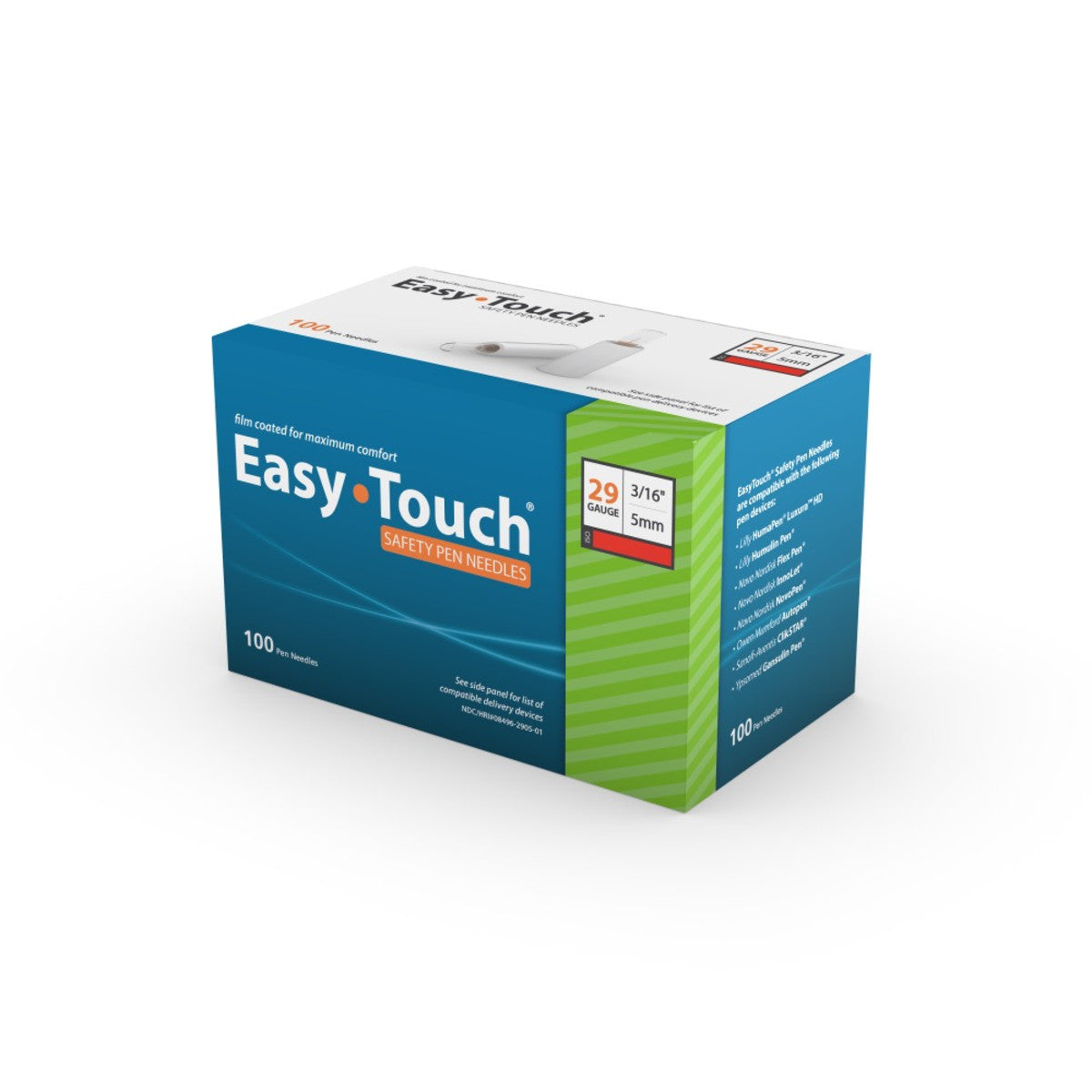 Easy Touch Safety Pen Needles, 29g 3/16-Inch (5mm), 829536, Box of 100
