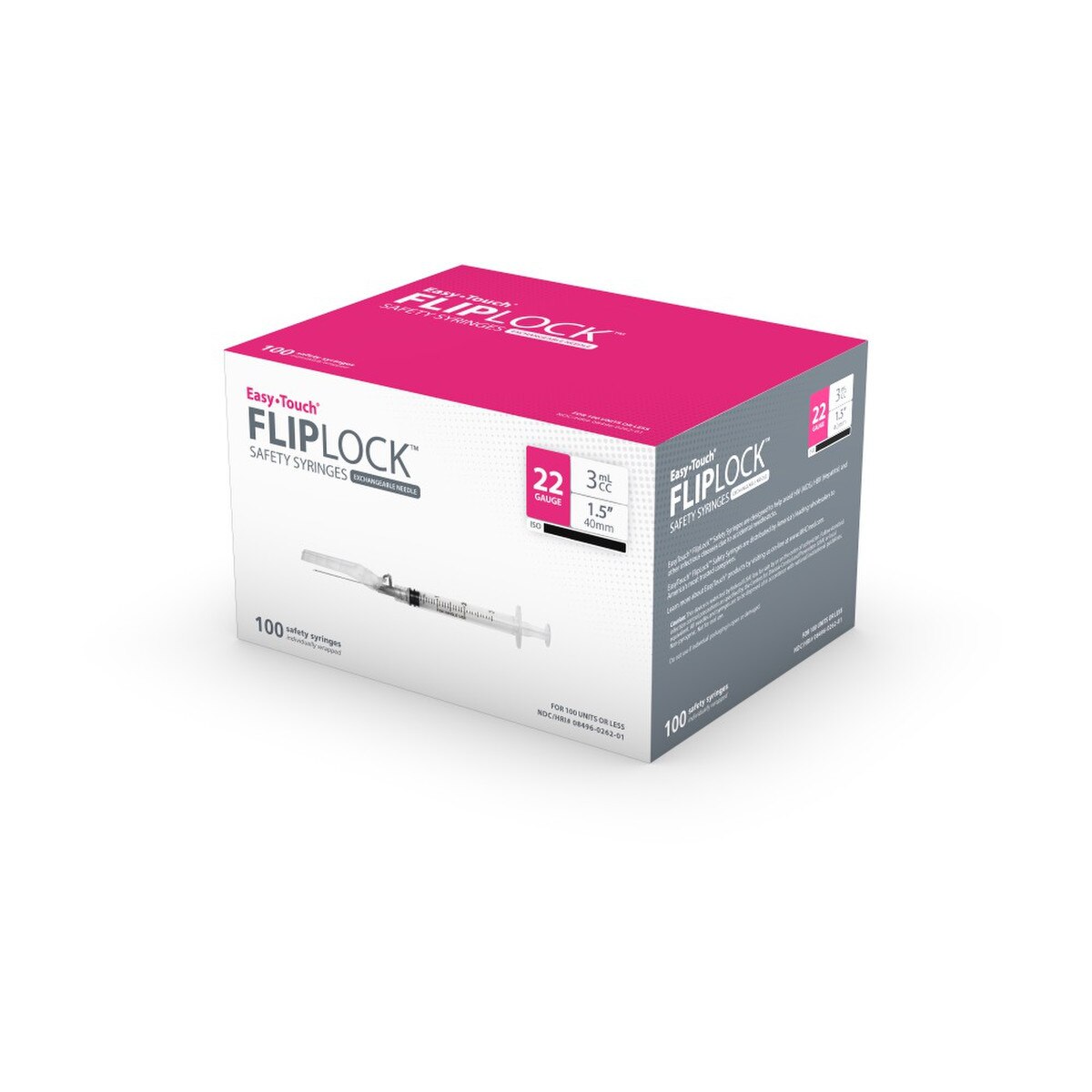 EasyTouch Fluringe FlipLock Safety Syringe with Exchangeable Needle, 22G x 1.5" (40mm), 3mL (3cc)