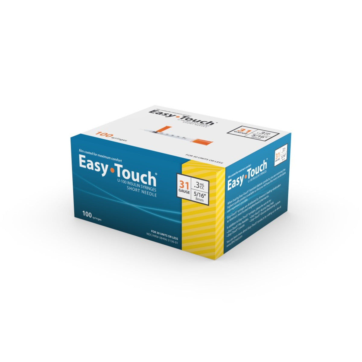 Easy Touch Syringe, 31G .3cc 5/16-Inch (8mm), 831365, Box of 100