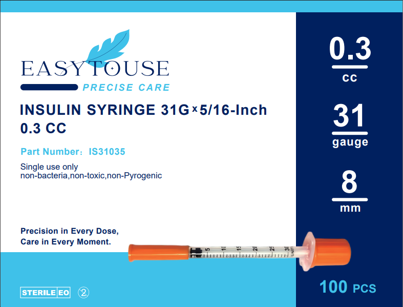 EasytoUse U-100 Insulin Syringes, 31G x 5/16" (8mm), 0.3cc, Individually Wrapped, 100 Count
