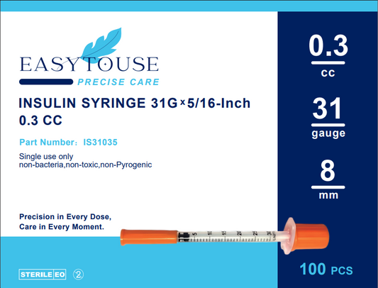 EasytoUse U-100 Insulin Syringes, 31G x 5/16" (8mm), 0.3cc, Individually Wrapped, 100 Count