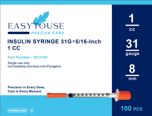 EasytoUse U-100 Insulin Syringes, 31G x 5/16" (8mm), 1cc, Individually Wrapped, 100 Count