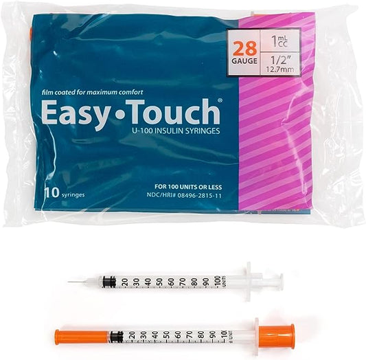 Easy Touch Insulin Syringe, 28G 1cc 1/2-Inch (12.7mm), 828155-10, Bag of 10