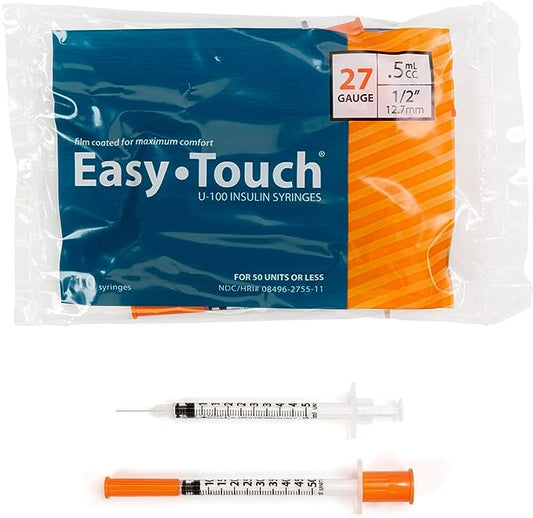 Easy Touch Insulin Syringe, 27G .5cc 1/2-Inch (12.7mm), 827555-10, Bag of 10