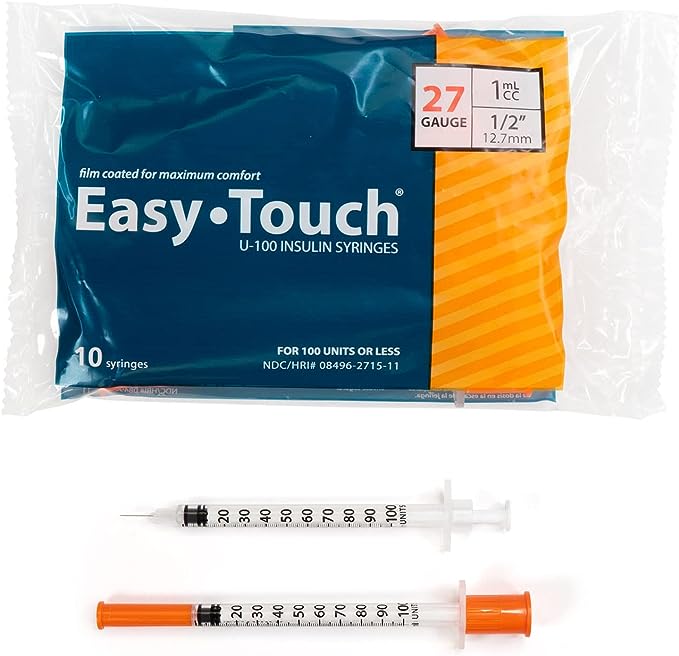 Easy Touch Insulin Syringe, 27G 1cc 1/2-Inch (12.7mm), 827155-10, Bag of 10