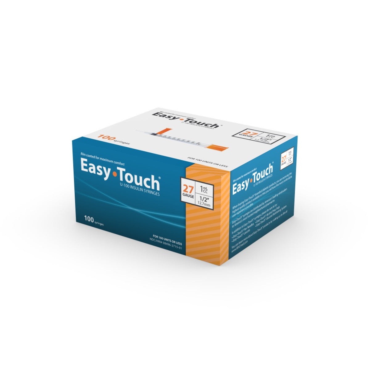 Easy Touch Insulin Syringe, 27G 1cc 1/2-Inch (12.7mm), 827155, Box of 100