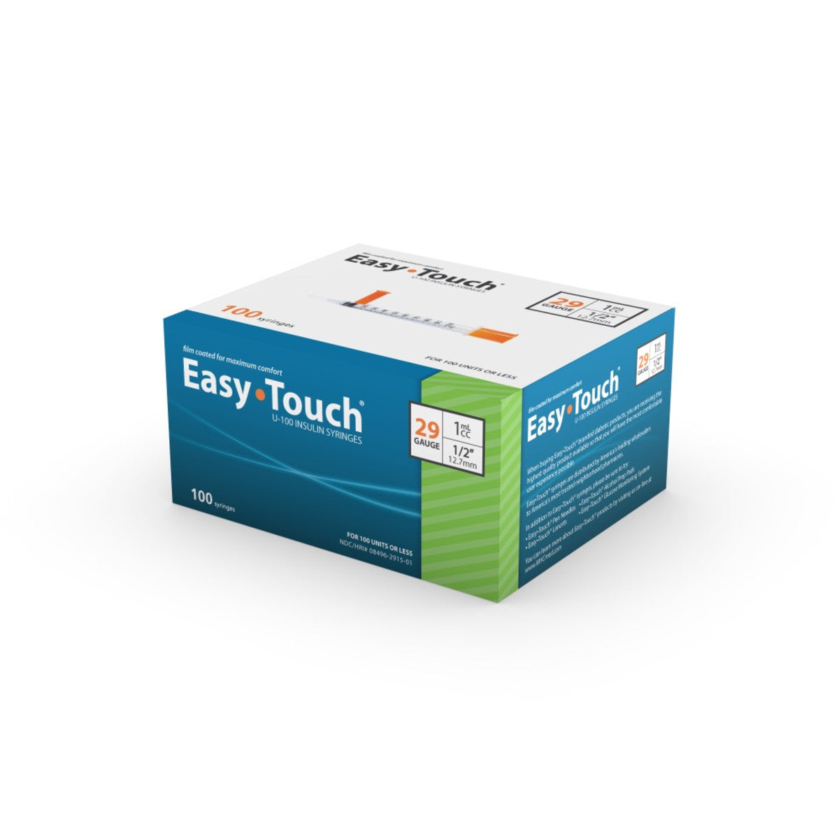 Easy Touch Insulin Syringe, 29G 1cc 1/2-Inch (12.7mm), 829155, Box of 100