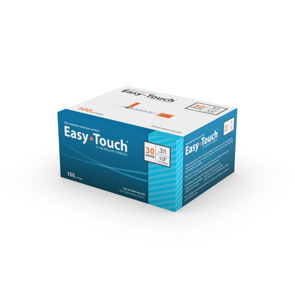 Easy Touch Insulin Syringe, 30G .3cc 1/2-Inch (12.7mm), 830355, Box of 100